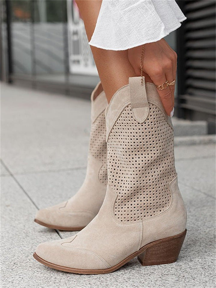 Perforated Western Ankle Boots – Suede Block Heel