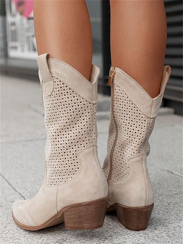 Perforated Western Ankle Boots – Suede Block Heel