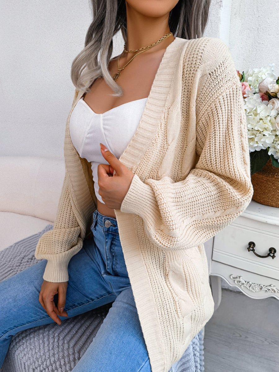 Oversized Cable Knit Cardigan with Open Front and Patch Pockets