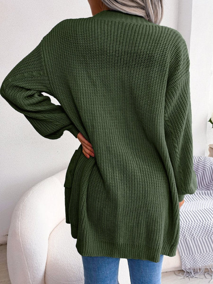 Oversized Cable Knit Cardigan with Open Front and Patch Pockets