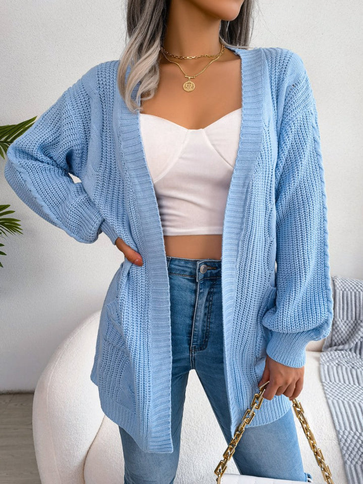 Oversized Cable Knit Cardigan with Open Front and Patch Pockets