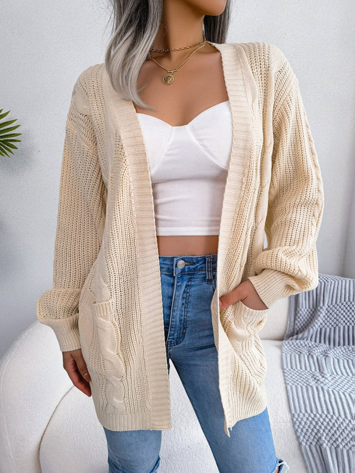 Oversized Cable Knit Cardigan with Open Front and Patch Pockets