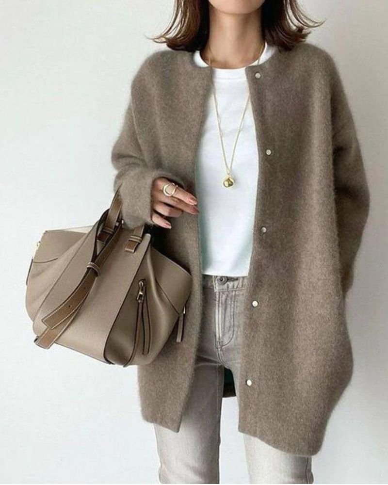 Oversized Fluffy Knit Cardigan with Snap Button Front