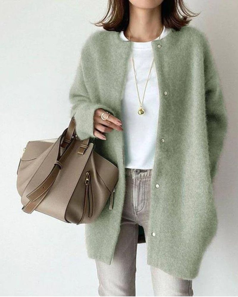 Oversized Fluffy Knit Cardigan with Snap Button Front