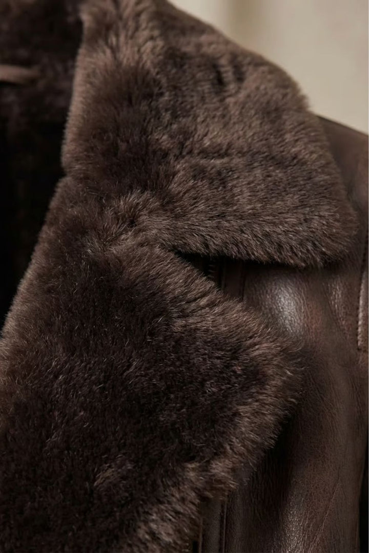 Faux Leather Jacket with Shearling Collar for Women