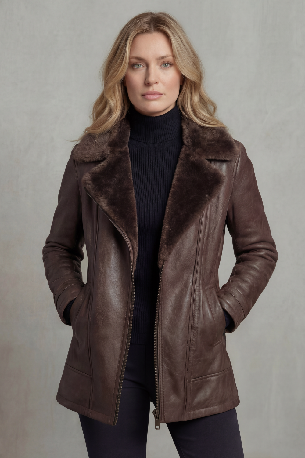 Faux Leather Jacket with Shearling Collar for Women