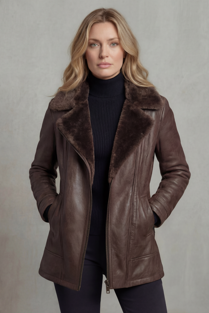Faux Leather Jacket with Shearling Collar for Women