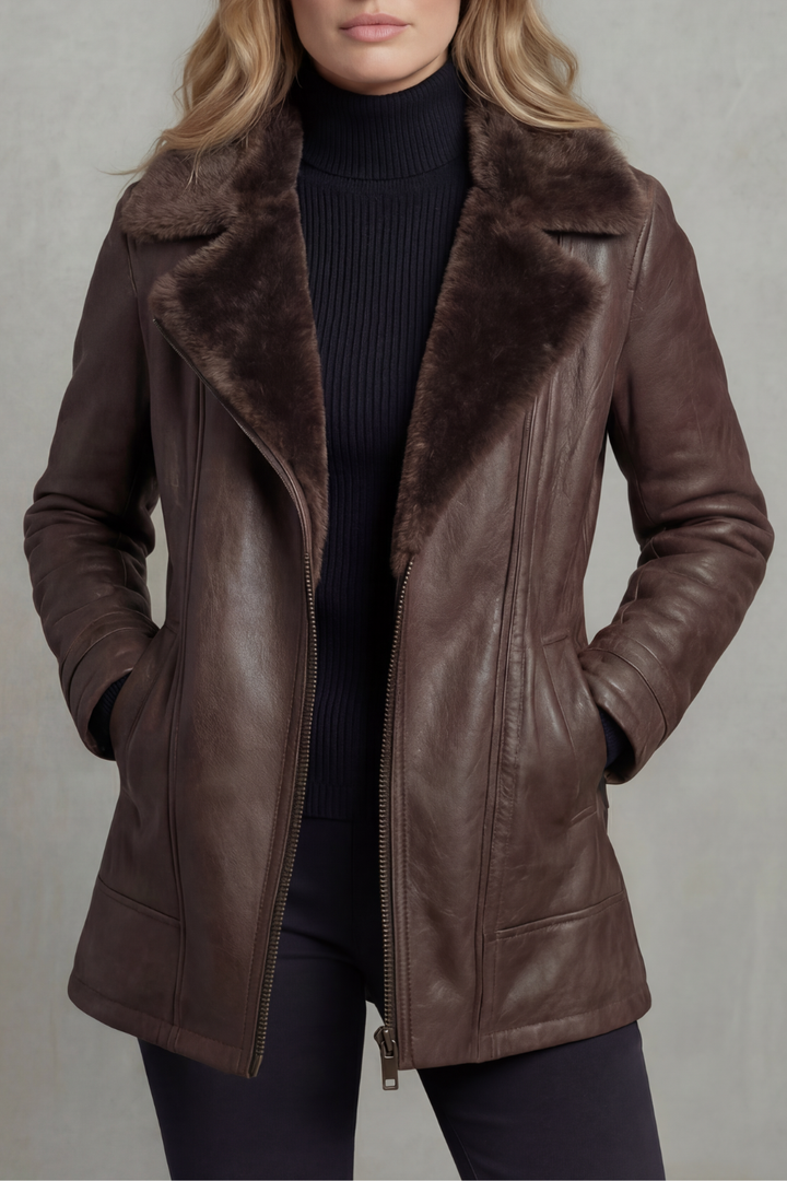 Faux Leather Jacket with Shearling Collar for Women