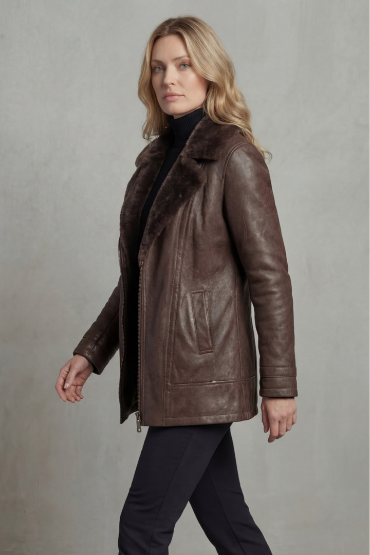 Faux Leather Jacket with Shearling Collar for Women
