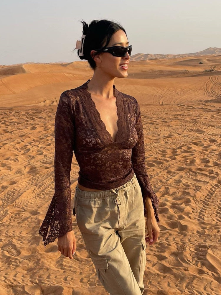 Elegant V-Neck Lace Top with Flared Sleeves