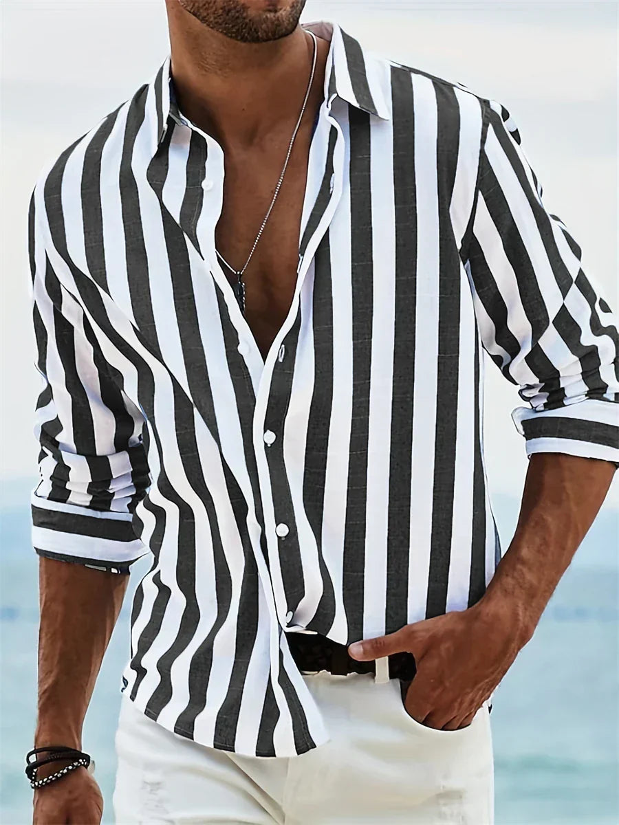 Montarello Men's Striped Linen Look Summer Shirt