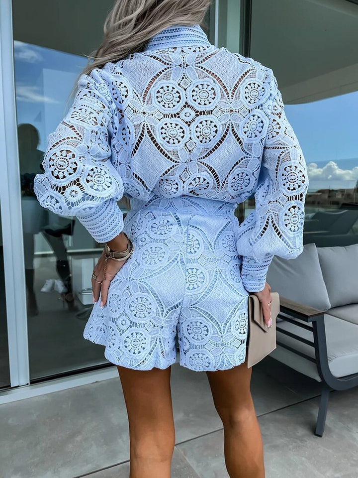 Elegant Lace Set with Long Sleeve Blouse & High-Waist Shorts