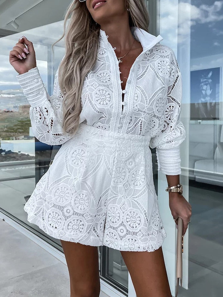 Elegant Lace Set with Long Sleeve Blouse & High-Waist Shorts