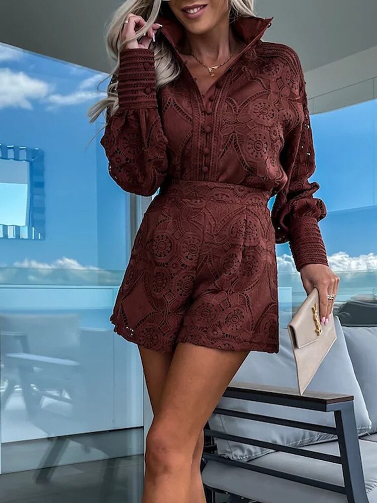 Elegant Lace Set with Long Sleeve Blouse & High-Waist Shorts