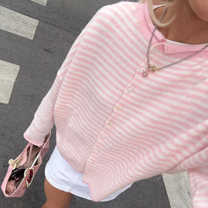 Striped Knit Cardigan with Collar and Button Front