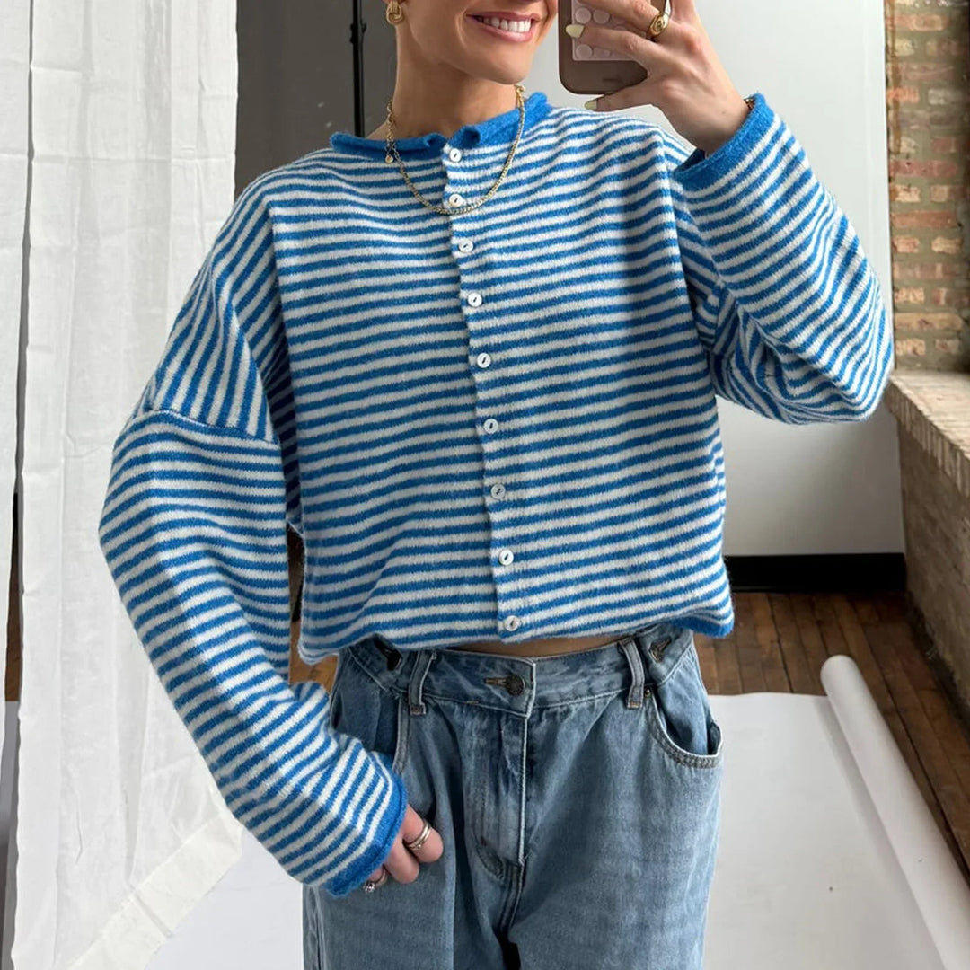 Striped Knit Cardigan with Collar and Button Front