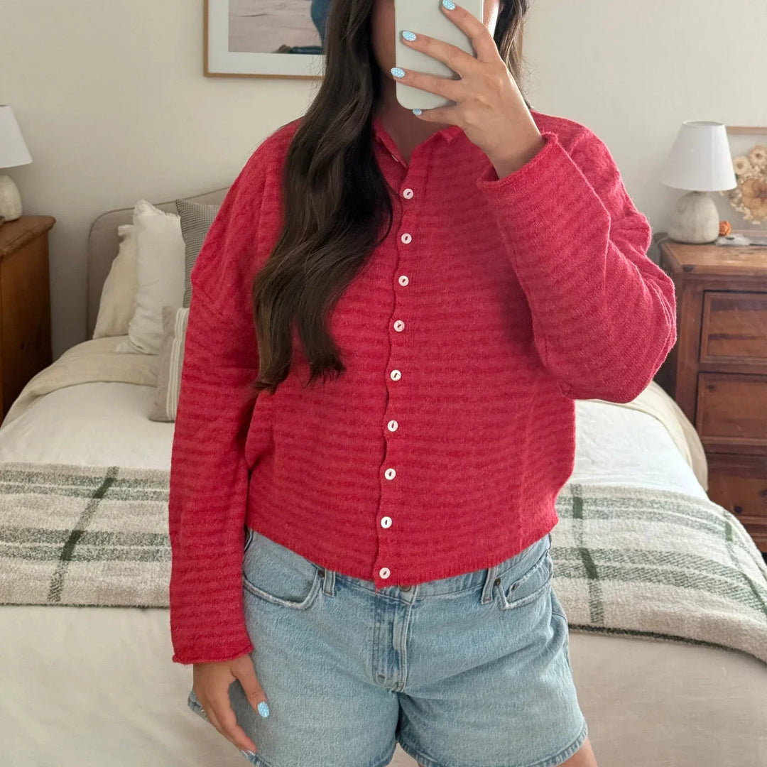 Striped Knit Cardigan with Collar and Button Front