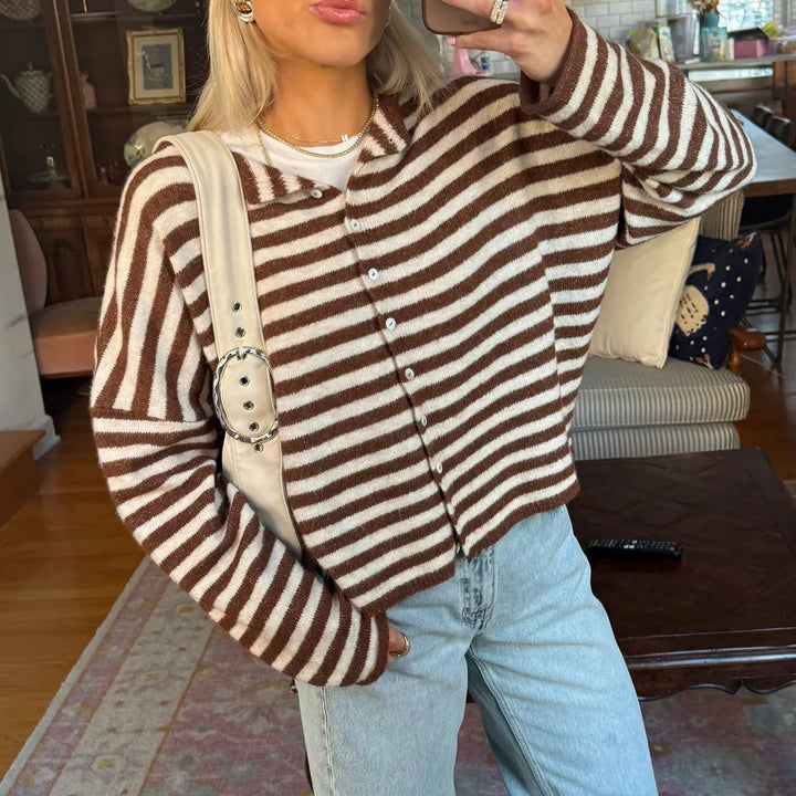Striped Knit Cardigan with Collar and Button Front