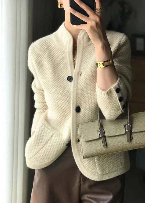 Textured Knit Cardigan with Stand Collar and Button Detail