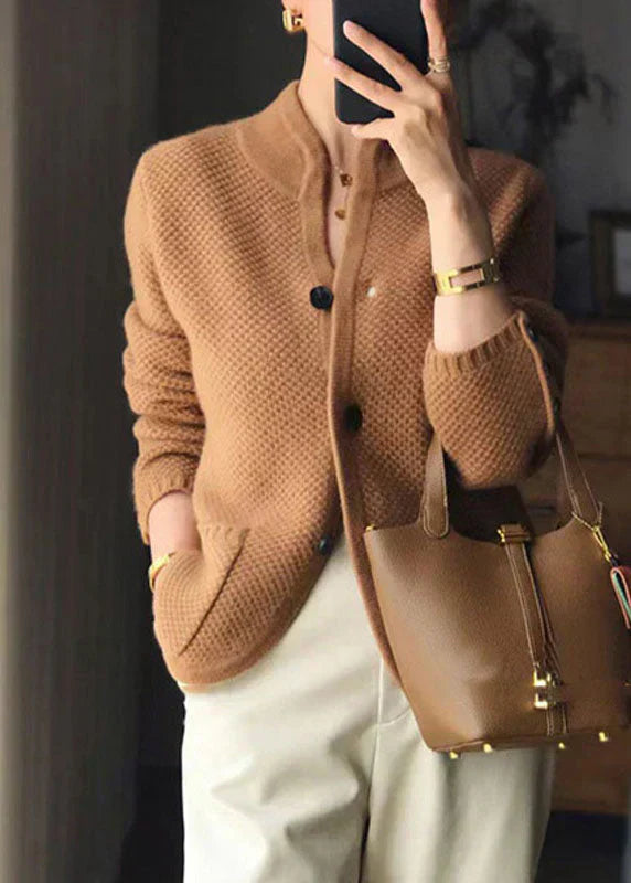 Textured Knit Cardigan with Stand Collar and Button Detail