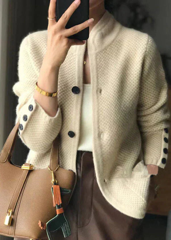 Textured Knit Cardigan with Stand Collar and Button Detail