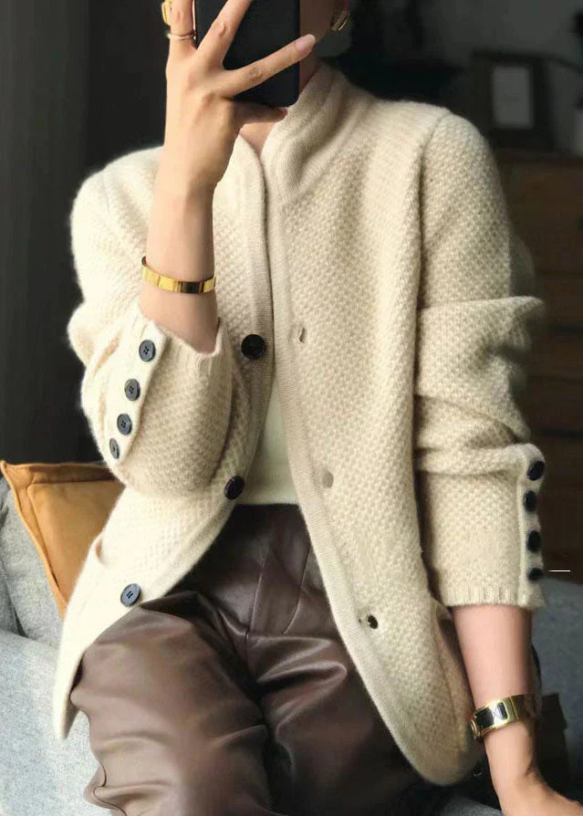 Textured Knit Cardigan with Stand Collar and Button Detail