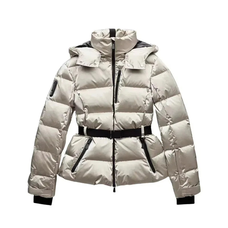 Women's Belted Puffer Jacket with Hood