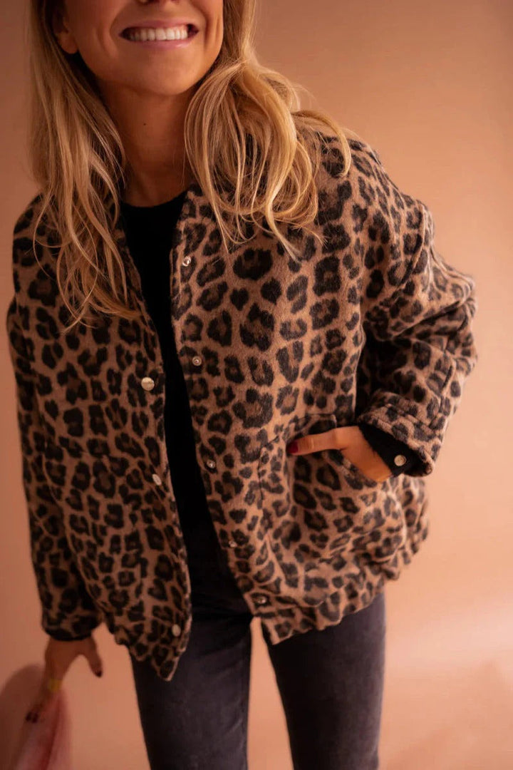 Leopard Print Bomber Jacket with Snap-Button Front