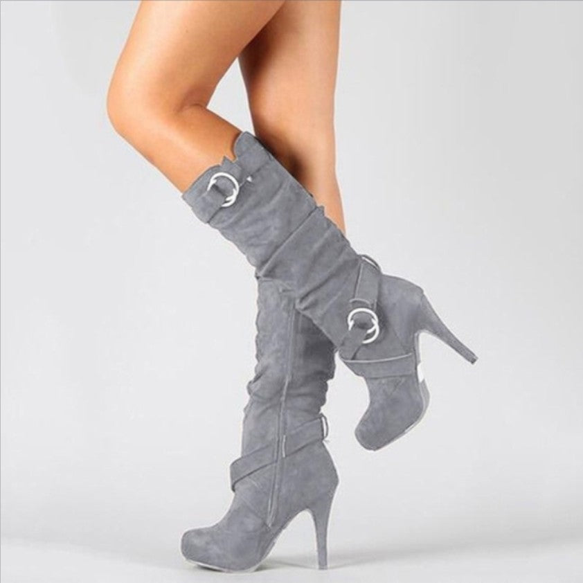Women's Suede Knee High Stiletto Boots with Buckle Straps