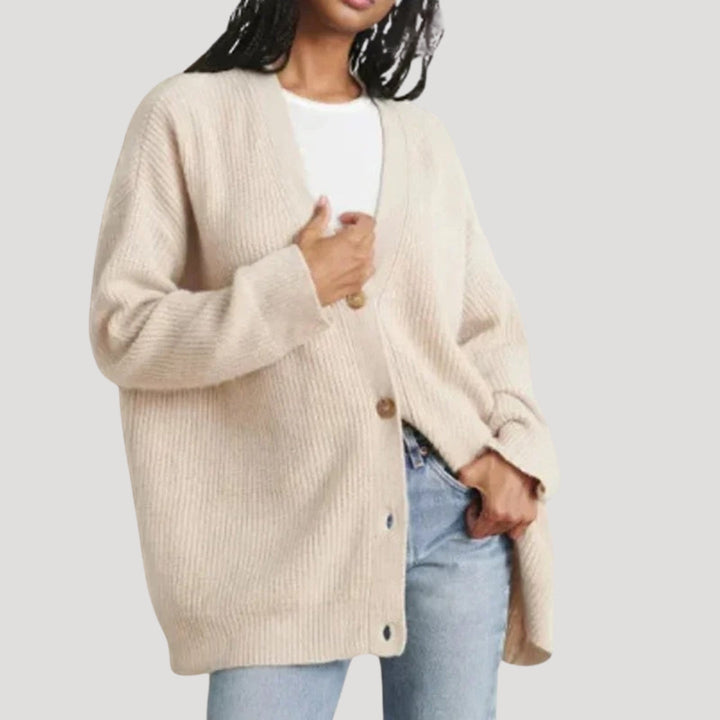 Oversized Ribbed Knit Cardigan with V-Neck and Button Front