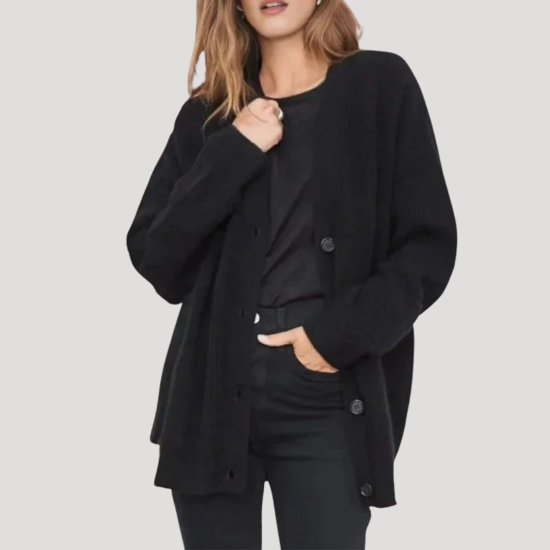 Oversized Ribbed Knit Cardigan with V-Neck and Button Front