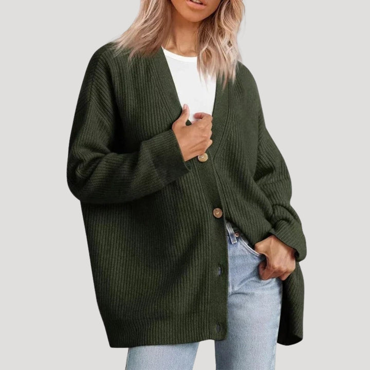 Oversized Ribbed Knit Cardigan with V-Neck and Button Front
