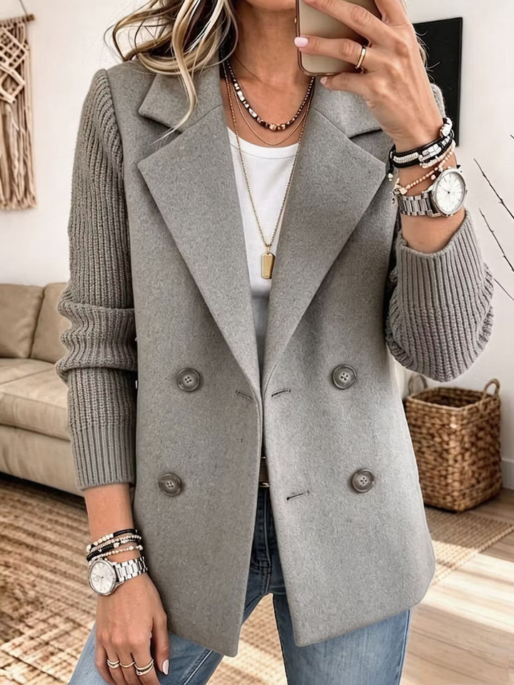 Women's Double-Breasted Blazer with Contrast Knit Sleeves