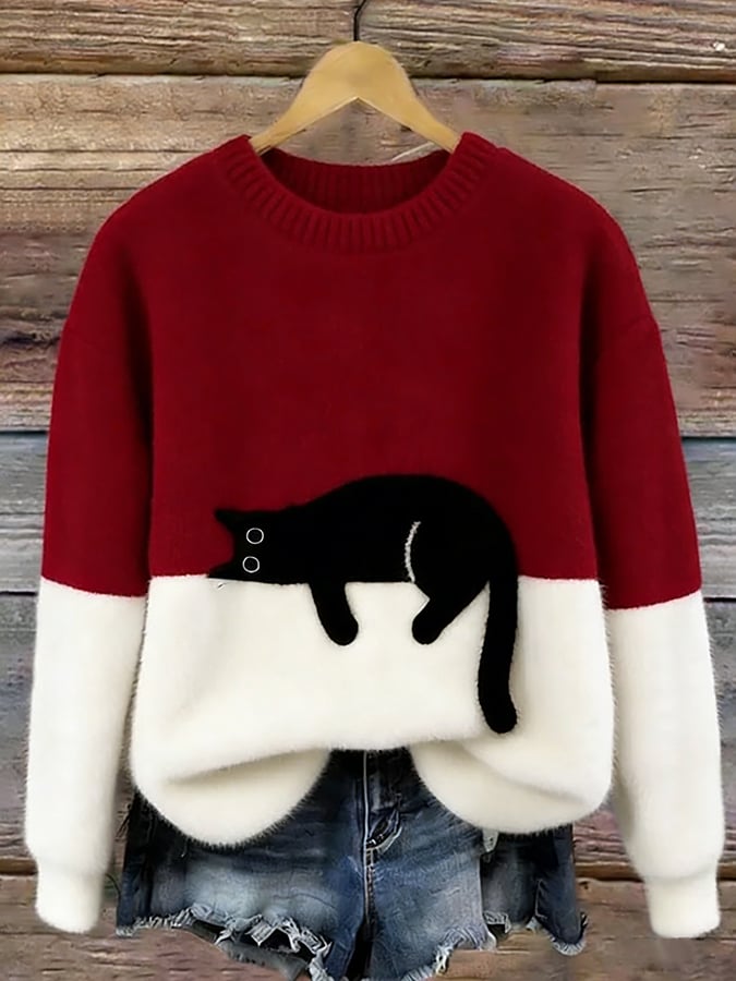 Women's Black Cat Print Oversized Fuzzy Knit Sweater