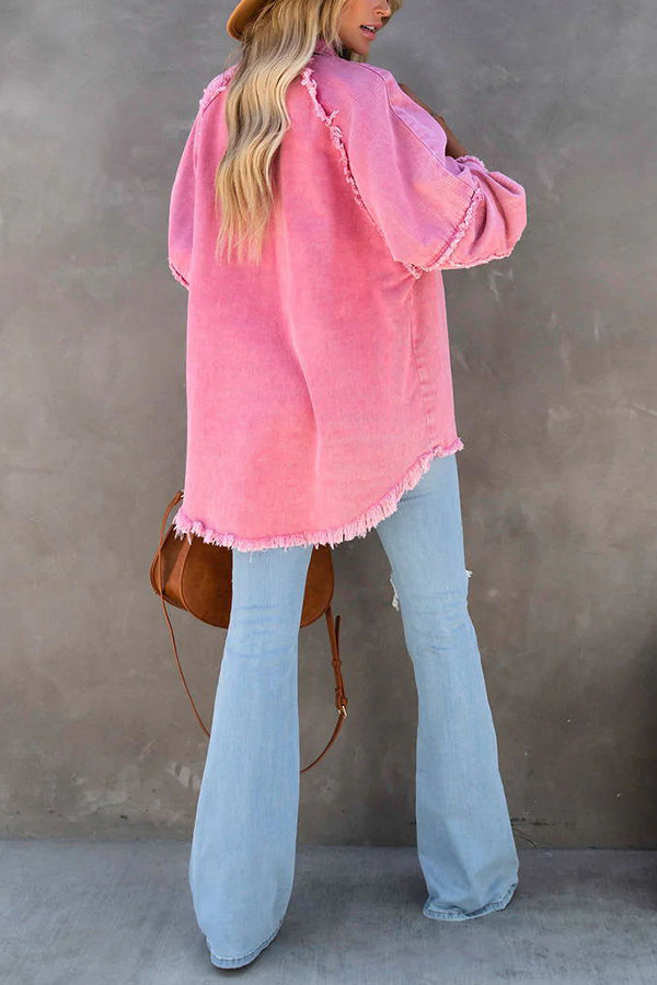 Oversized Denim Jacket with Fringe Detail
