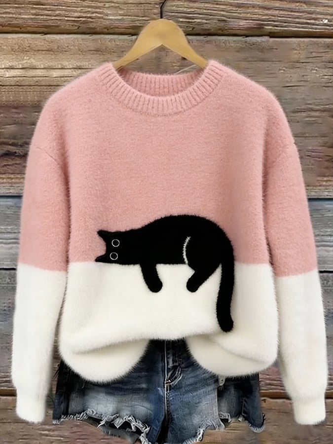 Women's Black Cat Print Oversized Fuzzy Knit Sweater