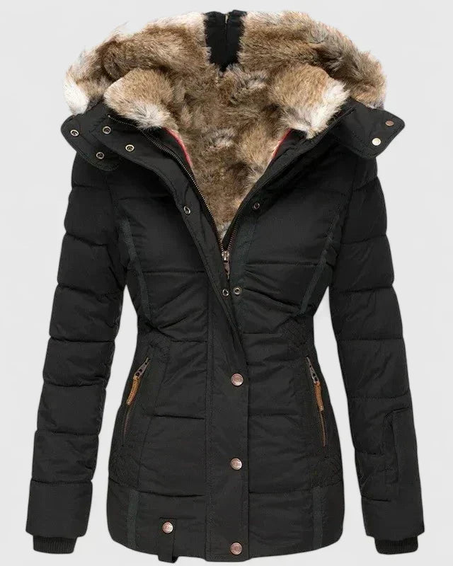 Women's Quilted Parka Coat with Faux Fur Hood
