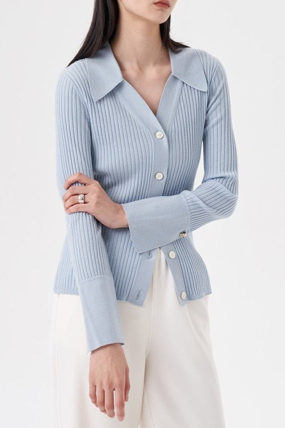 Stretch Ribbed Collared Knit Top