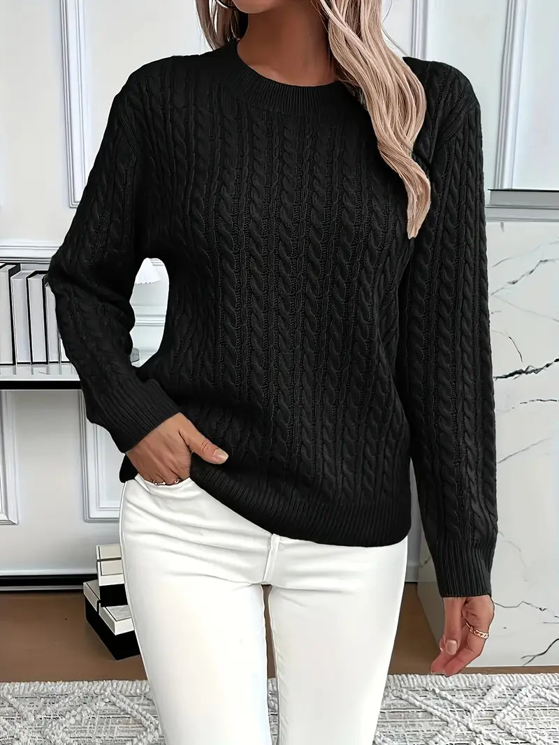 Cable Knit Crew Neck Sweater with Ribbed Cuffs and Hem