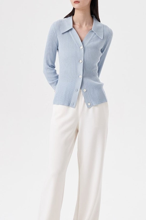 Stretch Ribbed Collared Knit Top