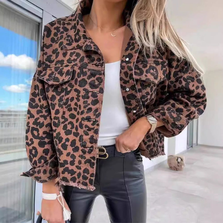 Leopard Print Cropped Denim Jacket with Pockets