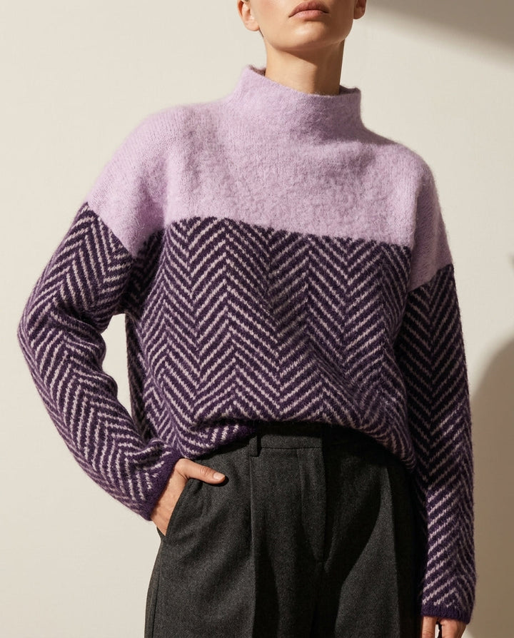 Women's Two-Tone Herringbone Mock Neck Wool Sweater