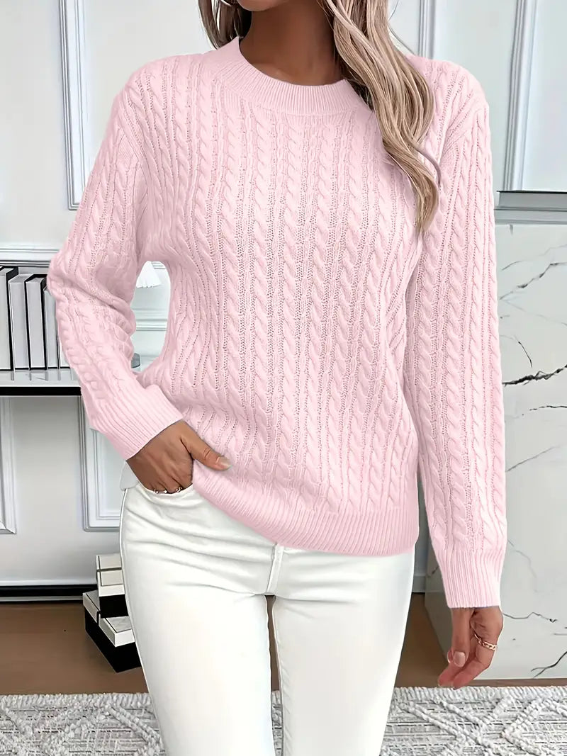 Cable Knit Crew Neck Sweater with Ribbed Cuffs and Hem