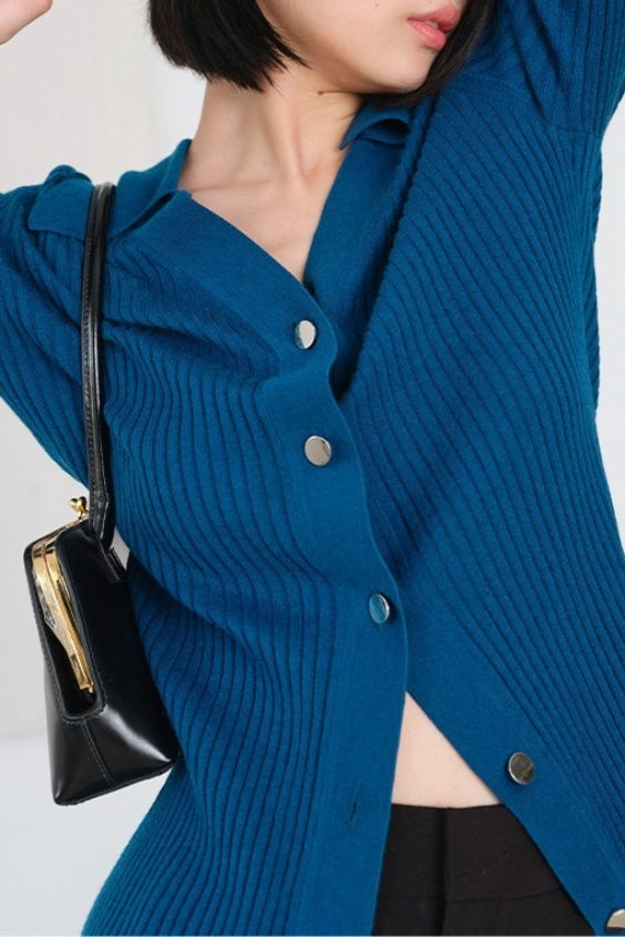 Stretch Ribbed Collared Knit Top