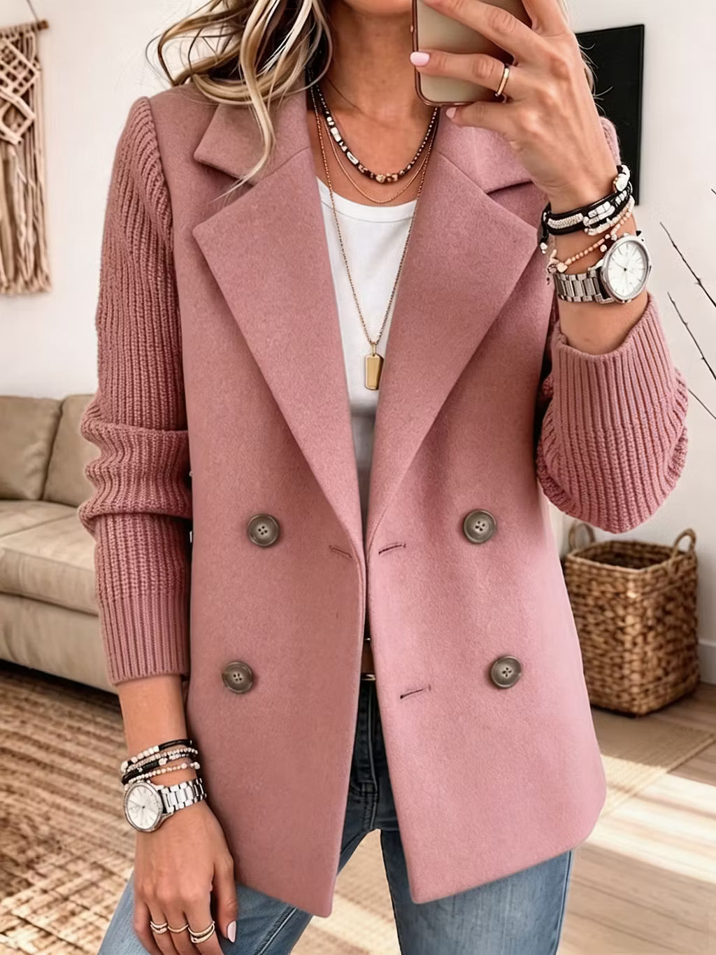 Women's Double-Breasted Blazer with Contrast Knit Sleeves