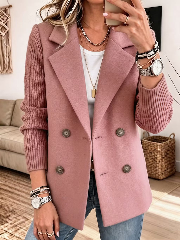 Women's Double-Breasted Blazer with Contrast Knit Sleeves