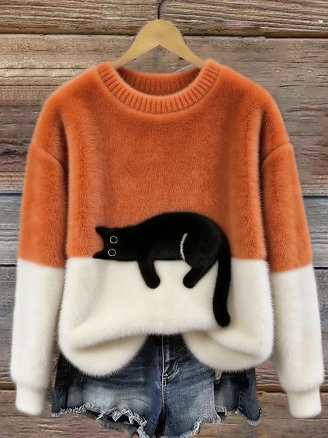 Women's Black Cat Print Oversized Fuzzy Knit Sweater