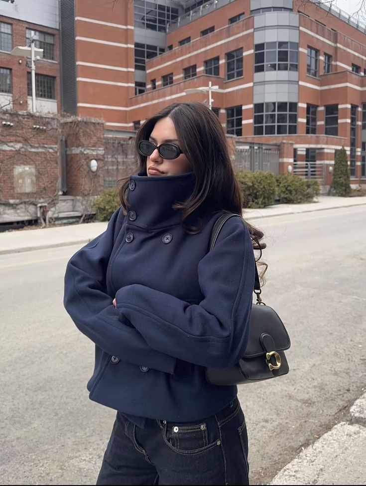Women's Wool-Effect Double-Breasted Stand Collar Jacket