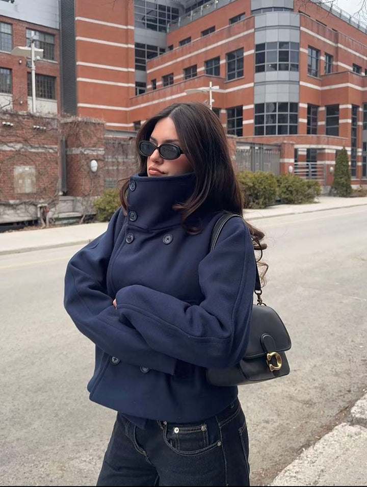 Women's Wool-Effect Double-Breasted Stand Collar Jacket