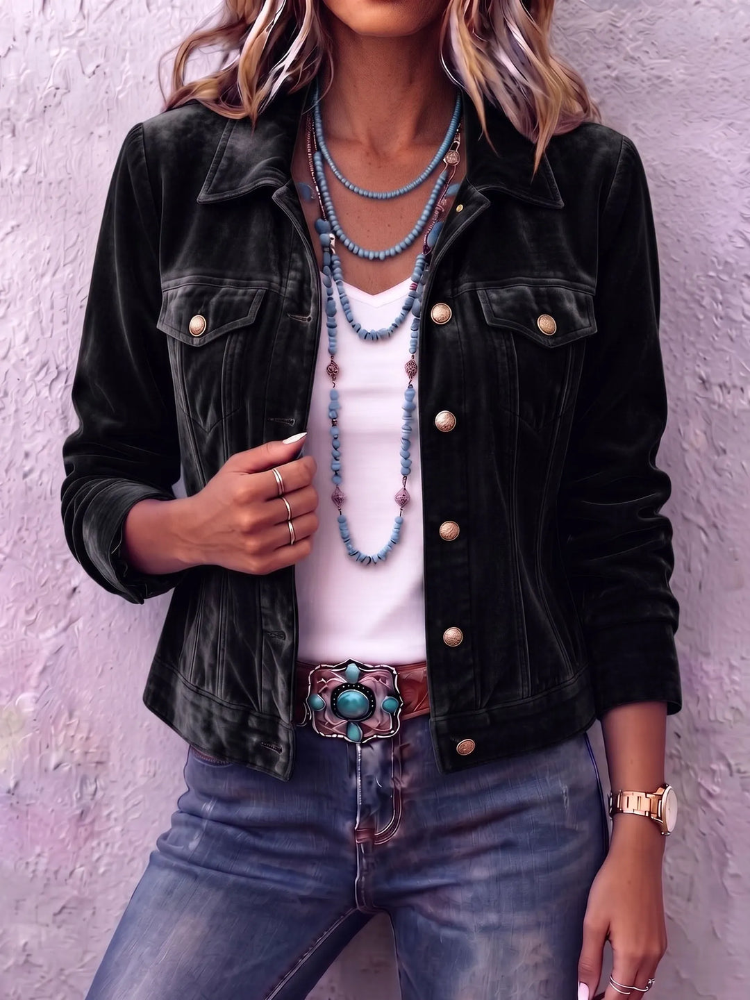 Women's Vintage Wash Velvet-Finish Button Jacket